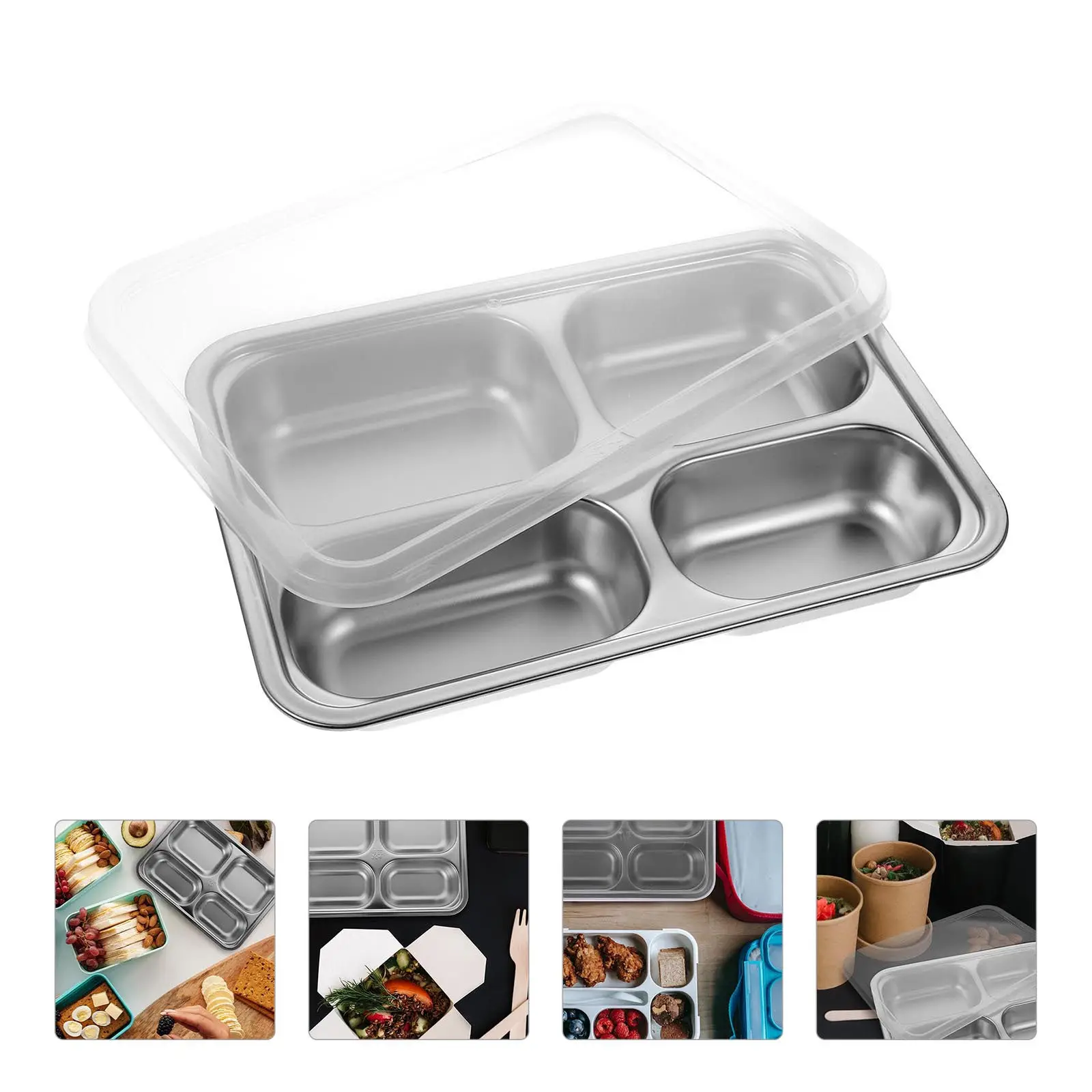 1Pcs Stainless Steel Food Compartment Plate Rectangular 4 Section Serving Tray Stackable Space Cafeteria