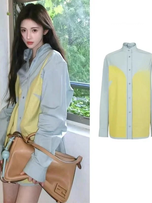 

EXJR Jinger Designed Patchwork Long Sleeve Women's Shirt Spring Autumn Boyfriend Style Trendy Loose Fit Fashionable