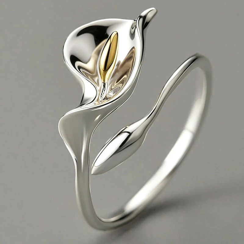 Huitan Two-Tone Calla Lily Open Adjustable Ring for Women Simple Elegant Flower Floral Rings Daily Party 2026 Statement Jewelry