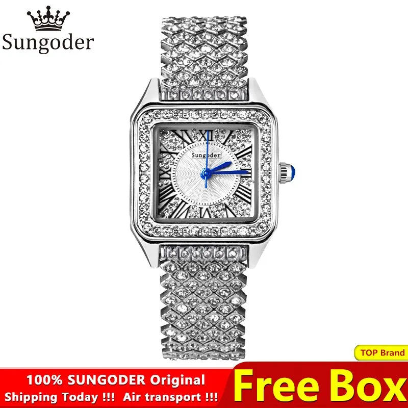 SUNGODER Original Women's Watch Waterproof Stainless Steel Simple Fashion Swarovski Diamonds Square Ladies Luxury WristWatch