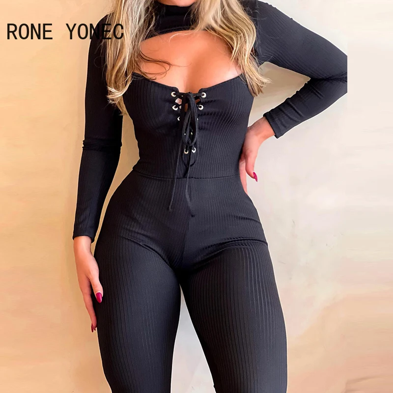 Women Solid Hollow Out Lace Up Long Sleeves Round Neck Skinny Black Sexy Jumpsuit