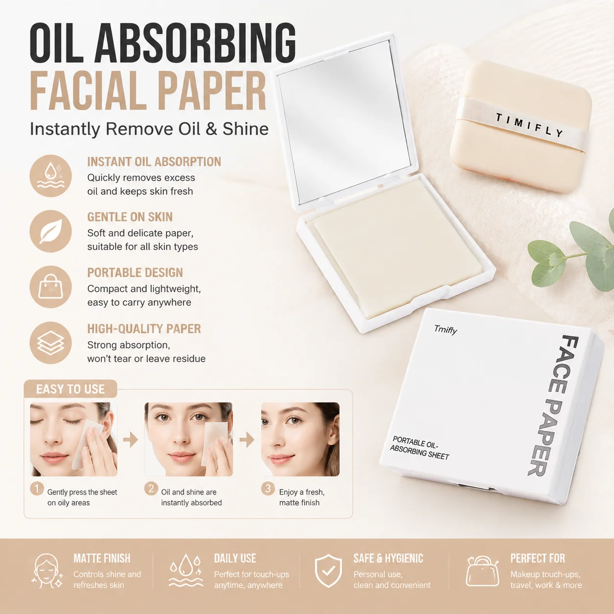 100PC Face Oil Blotting Papers with Mirror&Makeup Puff Instantly Control Facial Shine and Refresh Skin, Oil Control Care