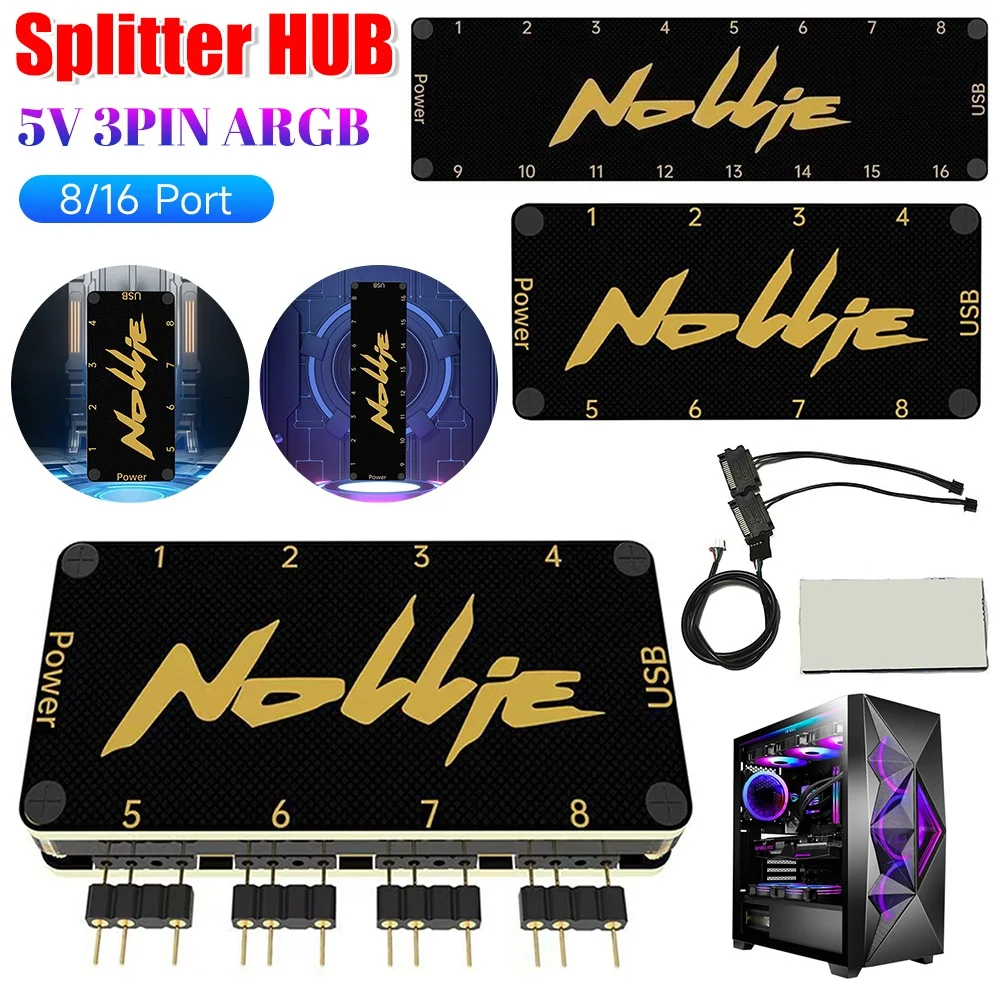 5V 3Pin Addressable ARGB Splitter Support SignalRGB OpenRGB ARGB Fan Hub SATA Power 8/16 Way for Extended Motherboard Interface