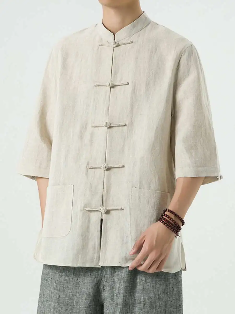 

Loose Fit Linen Cotton Chinese Sle Men's irt Vintage Five Sve Hanfu Tang Costume Spring Summer New Arrival ort Sve