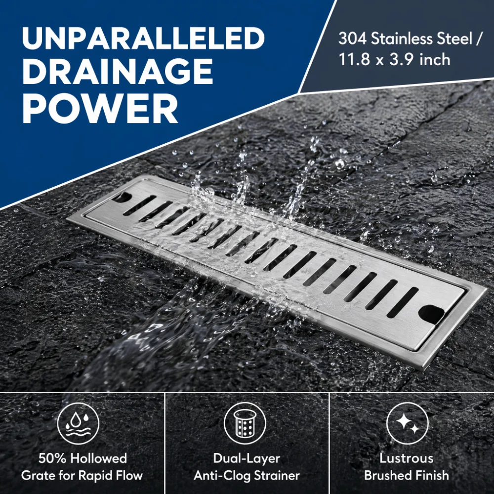304 Stainless Steel Shower Floor Drain Fast Drainage Rectangle Shower Drain Deodorization Design Dual Filter System
