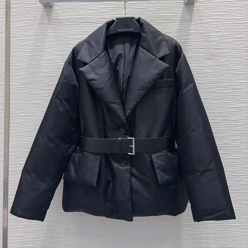 

High quality Women's winter coat suit style with belt for outerwear, formal wear, flat collar woman clothing 25120822