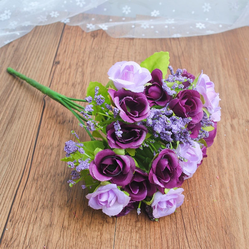 22CM Artificial Rose Home Dining Table Decoration Wedding Roadway Decoration Small Rose Bud Silk Flower Bundle
