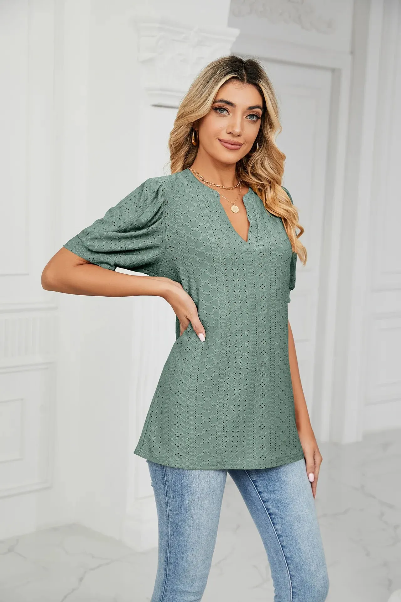 Womens Tops Summer V Neck Ruffle Sleeve Blouses Short 2024 Spring Sleeve Casual Tops T-Shirts for Women