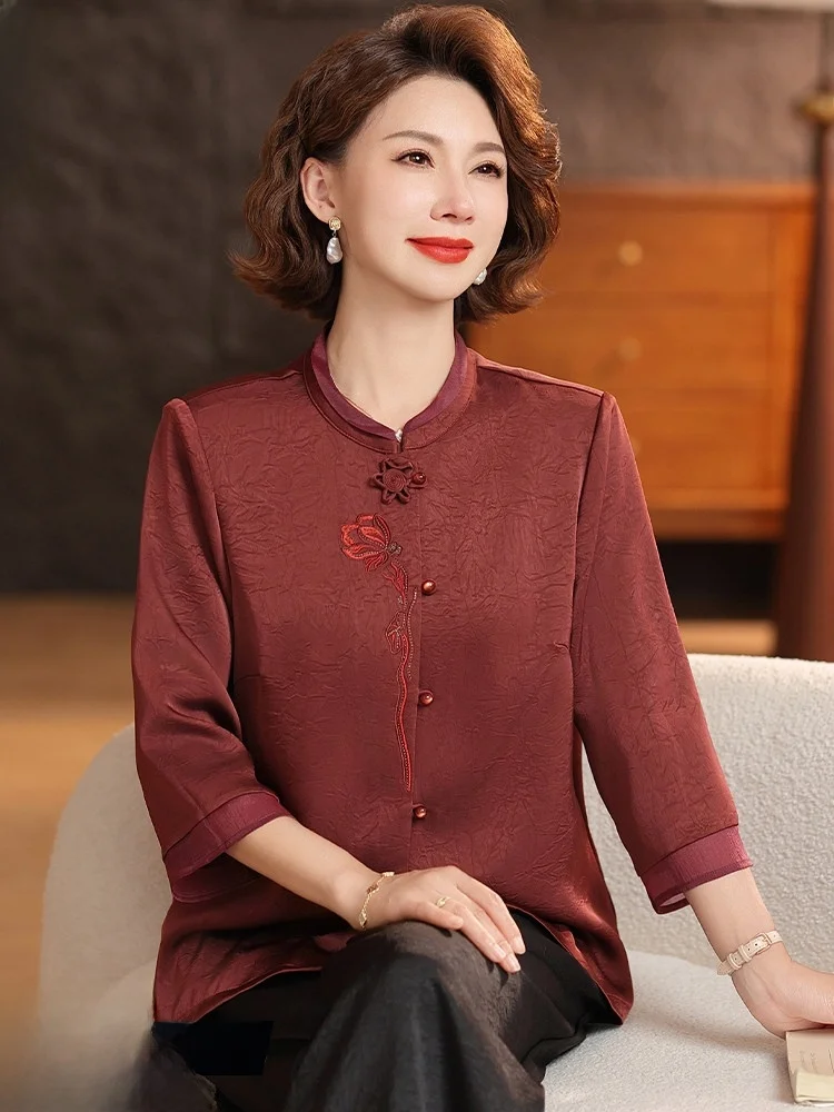 

Hengyuanxiang Wedding Shirt Silk Long Sleeve Loose Fit Button Detail Mid-Length Elderly Women's Fashion Spring 2026 New Style