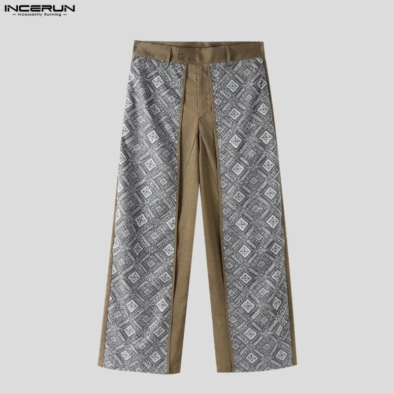 

INCERUN Men Pants Printing Patchwork Button Joggers Loose Wide Leg Trousers Men Streetwear Fashion Male Irregular Pants S-5XL