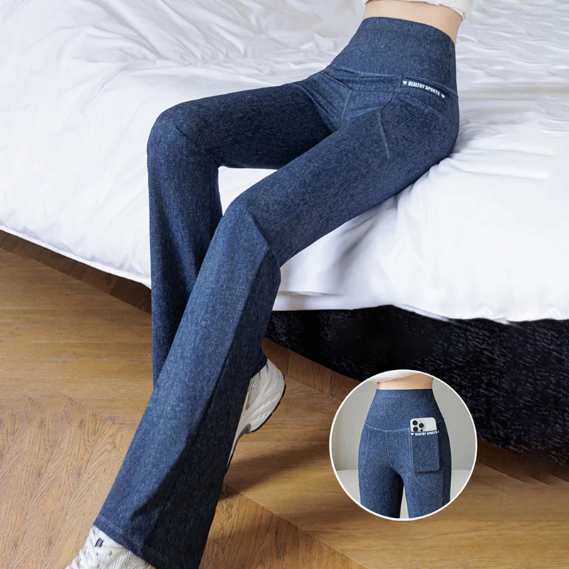 Out Wear Women Faux Jean Leggings High Stretch Slim Fit Flared Leggings Autumn Winter Fleece Seamless Fitness Workout Yoga Pants