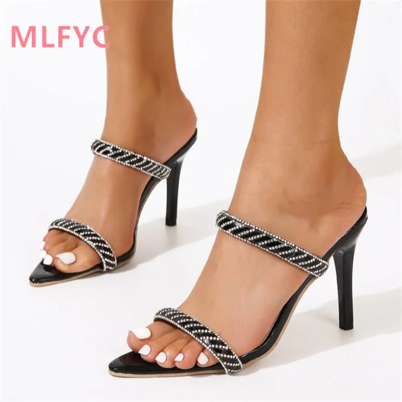 Sandalias de tacón fino para mujer, zapatos de tacón alto con diamantes de imitación, puntiagudos, sexys, simples, a la moda, novedad de verano