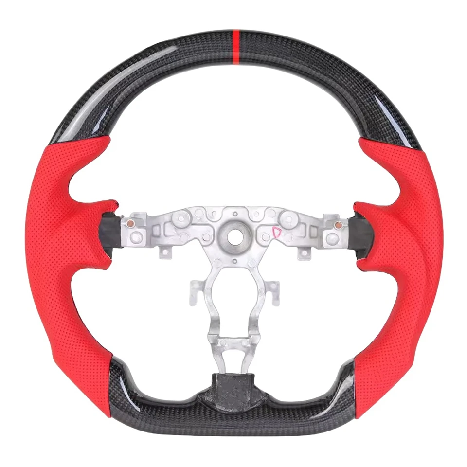 عجلة قيادة جلدية من ألياف الكربون لنيسان سنترا 370Z 2008-2020 عجلة سباق جلدية عجلة توجيه سيارة خياطة حمراء AA