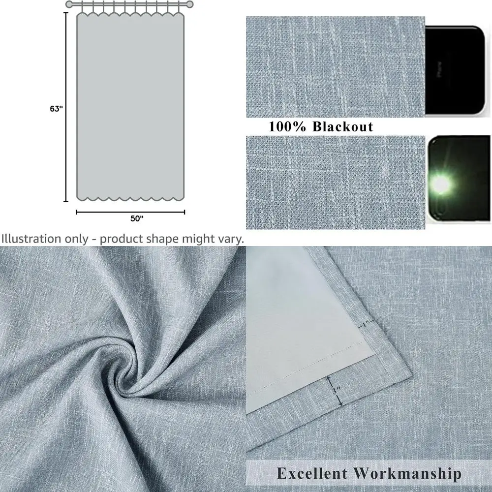 

Тяжелые льняные шторы с эффектом блэкаут и шумоподавлением, 100% затемнение комнаты, 50 x 63 дюйма, 2 панели, цвет шамбре синий, для спальни