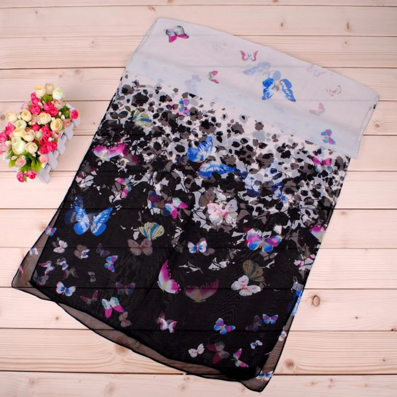 New Yiwu Colorful Little Butterfly Women\'s Printed Chiffon Long Scarves Wholesale Spring and Summer Printed Scarves