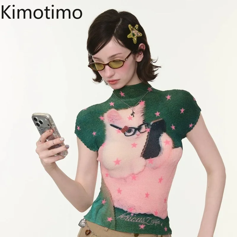 

Женские футболки Kimotimo Retro Star с принтом кошки, с высоким воротником, коротким рукавом, облегающие, универсальные топы в стиле Harajuku Y2k