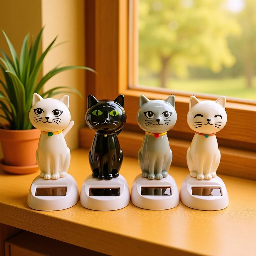 Resin Solar Powered Cat Ornament Solar Energy Driven Cartoon Car Dashboard Decor Automatic No Battery Needed Lucky Cat Statue