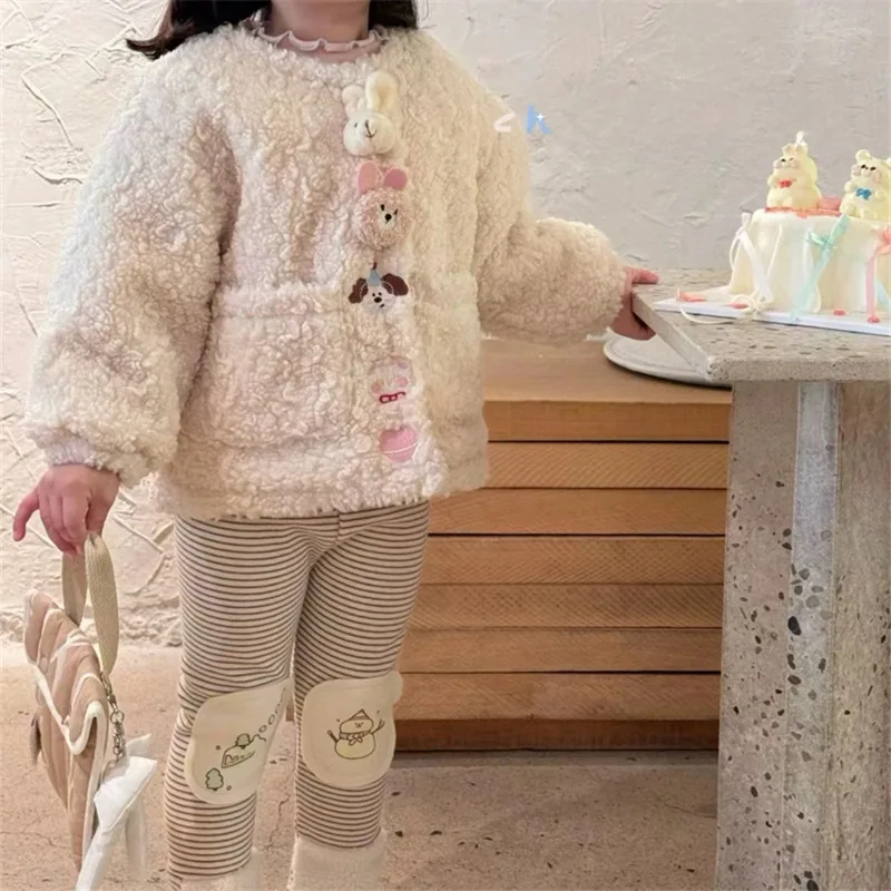 01-Conjunto con forro polar Otoño Invierno estilo coreano chaqueta de algodón de felpa Animal para niñas Leggings a rayas