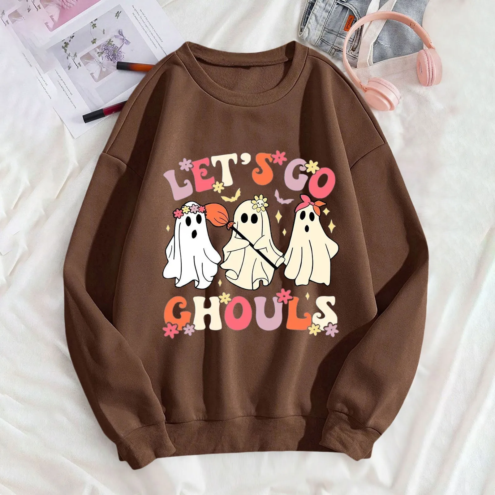 

Ladies Halloween Hoodie Cute Little Ghost Print Beautiful Casual Hoodie Autumn And Winter Fashion Round Neck Long Sleeve Jumper