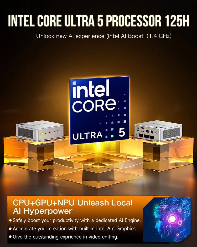 GMKtec K9 Intel Core Ultra 125H komputer, PC Mini grafis Intel Arc 18 benang 14-core, Komputer Gaming PC Mini AI Boost