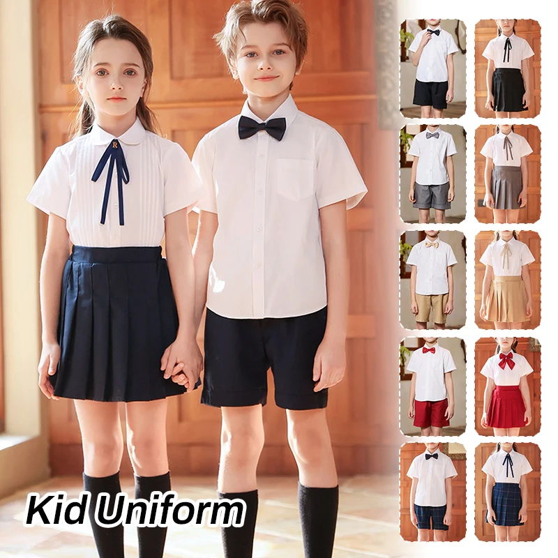 1 Set Estate Uniformi scolastiche per la scuola materna Ragazze Gonne a pieghe Ragazzi Camicia Pantaloncini Papillon JK Vestito Coro Costume da spettacolo teatrale