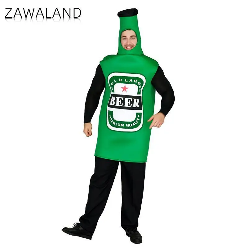 Zawaland Cosplay Kostuum Mannen Bierfles Print Grappige Purim Carnaval Jumpsuit Groen Vakantiepak Comfortabele Volwassen Feestkleding