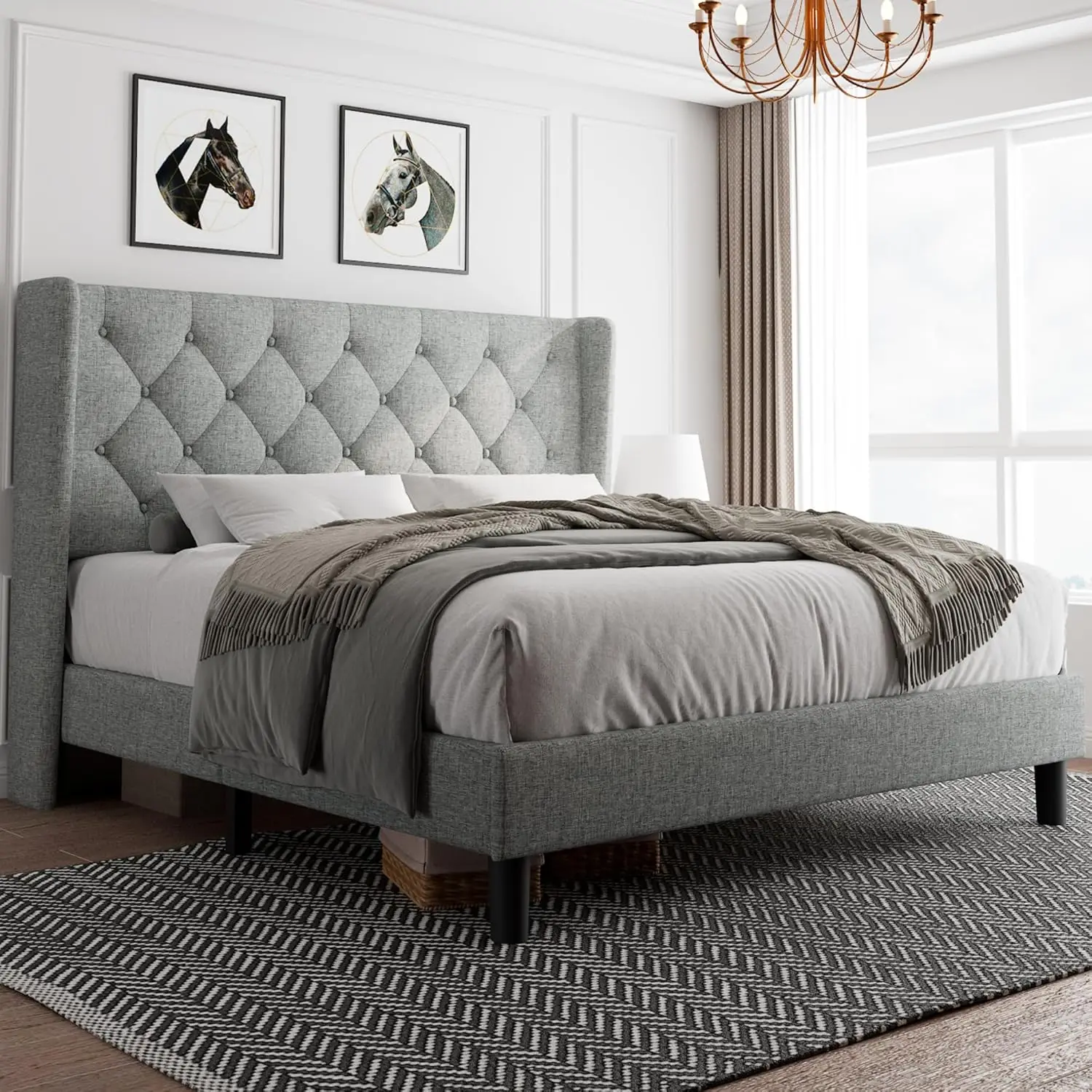 Size Platform Bed Frame with Button Tufted Headboard, Upholstered Bed Frame with Solid Wooden Slats, 8