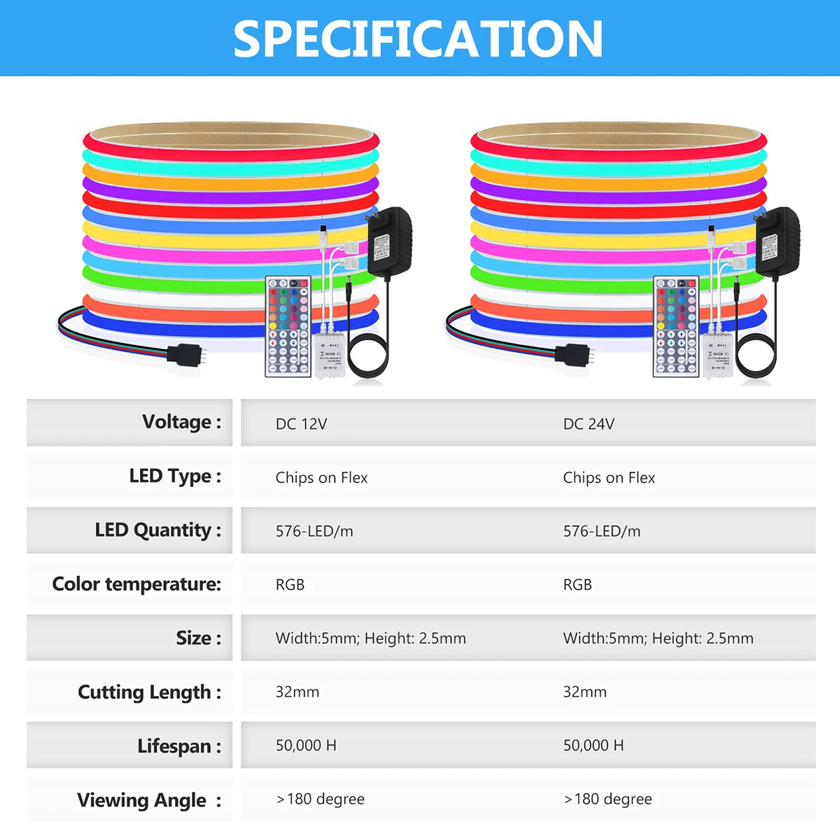 44 Key Remote COB RGB LED Strip Light DC 12V 24V Power Kit 576 LEDs/m 5mm PCB Flexible Tape High Density Home TV Backlight Decor