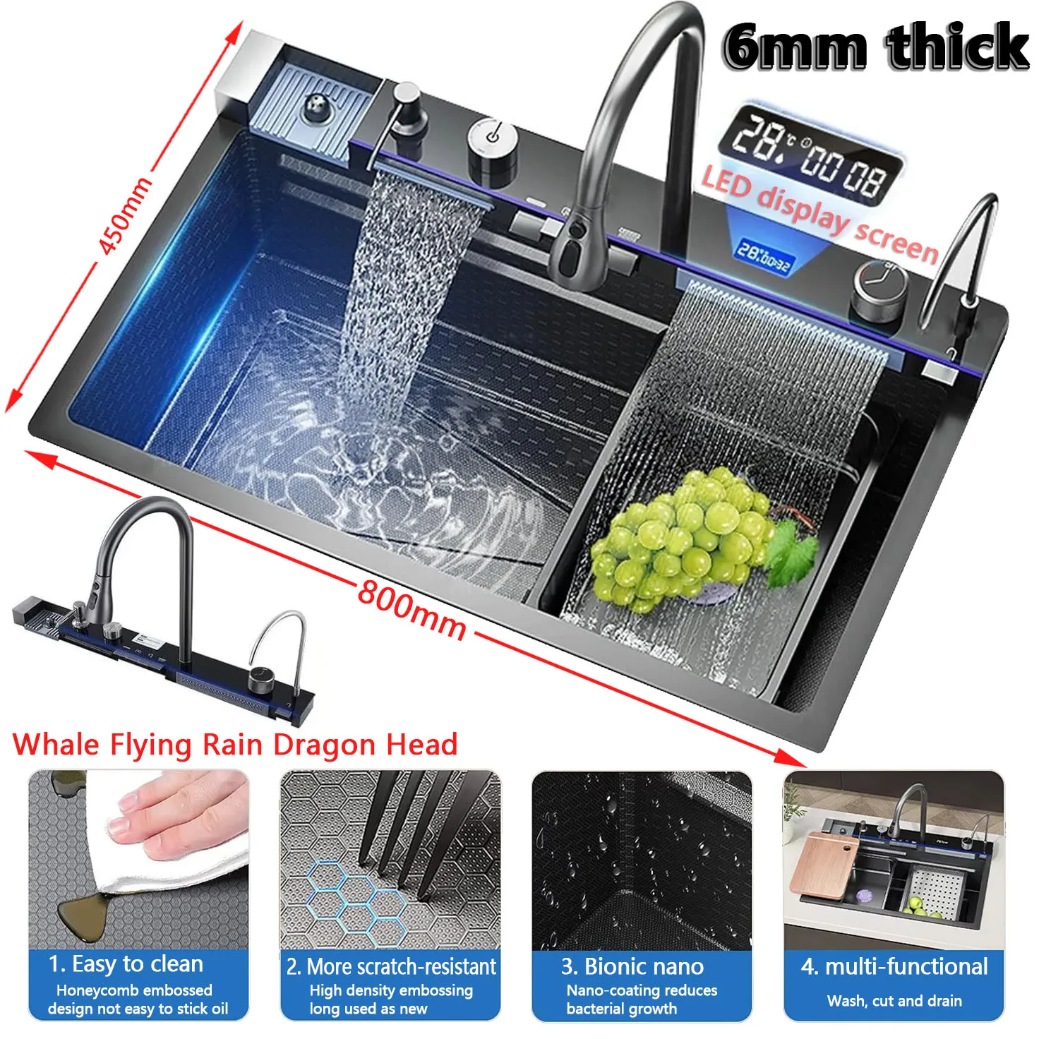 Большая сотовая раковина 80x45 см, кухонная раковина из нержавеющей стали с водопадом, негабаритная раковина для мытья посуды с одним слотом и цифровым дисплеем