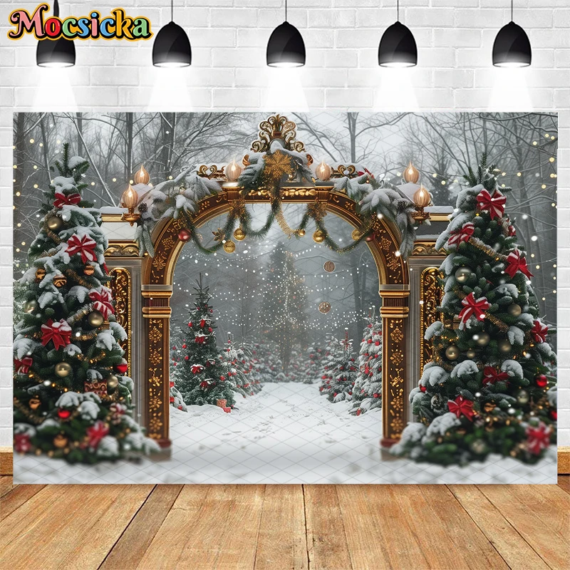 Mocsicka Winter Christmas Arch Photography Background Xmas Tree Forest Decor Kids Adult Holiday Party Photo Backdrop Studioi