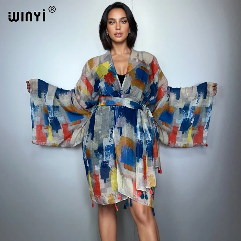 

WINYI Африканское модное кимоно, пляжная одежда, женское летнее пляжное прикрытие, кардиган, стежка с поясом, праздничное пальто с длинными рукавами и принтом