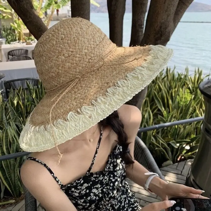 OMEA Straw Hat Women Summer Floral Lace Beach Hat Holiday Sun Patchwork Color Raffia Wide Brim Floppy Hat Girl Cap Elegant