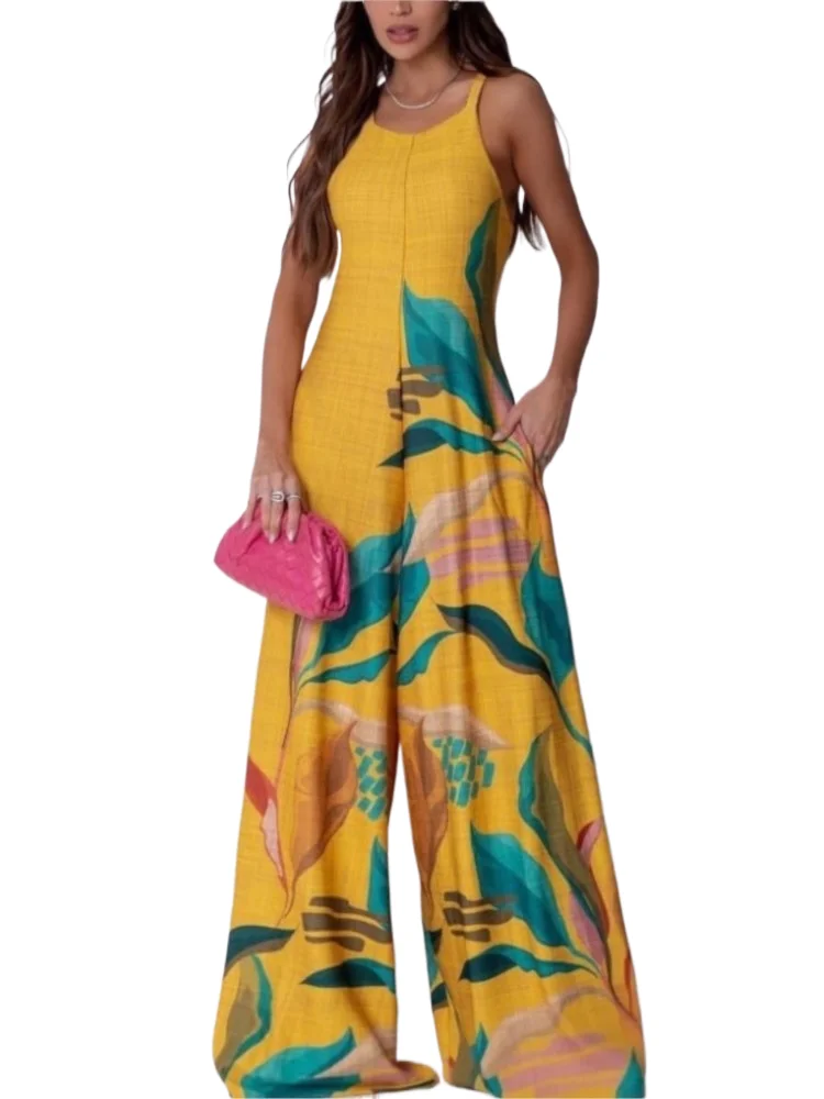 

Print Spaghetti Strap Jumpsuits Women Summer Sexy Backless Loose Sleeveless Wide Leg Jumpsuit Fashion Streetwear Female Clothing