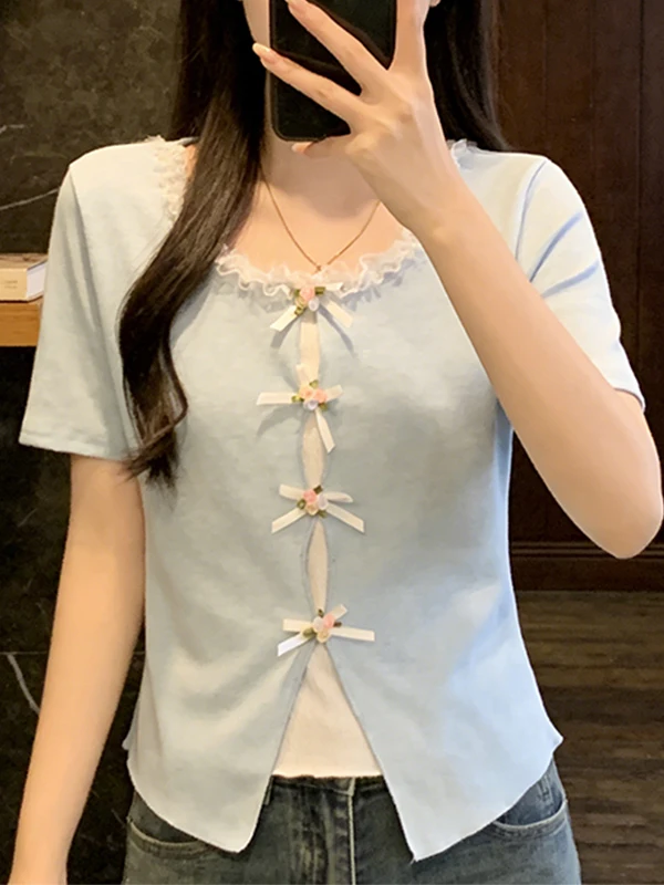 

Summer 2026 Women's Pure Desire Fake Two-Piece Knot Short Sleeve T-Shirt Slimming Design Versatile Shoulder Top