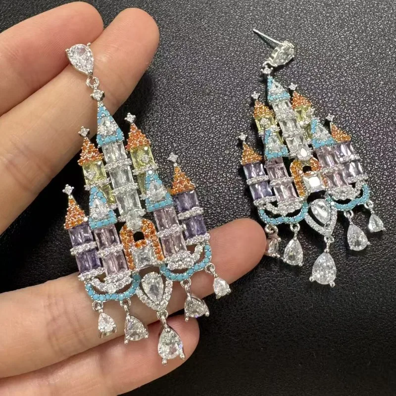 Dream Castle Full Paved Zircon Drop Earrings Luxury Elegant Women Dainty High Grade Ear Jewelry