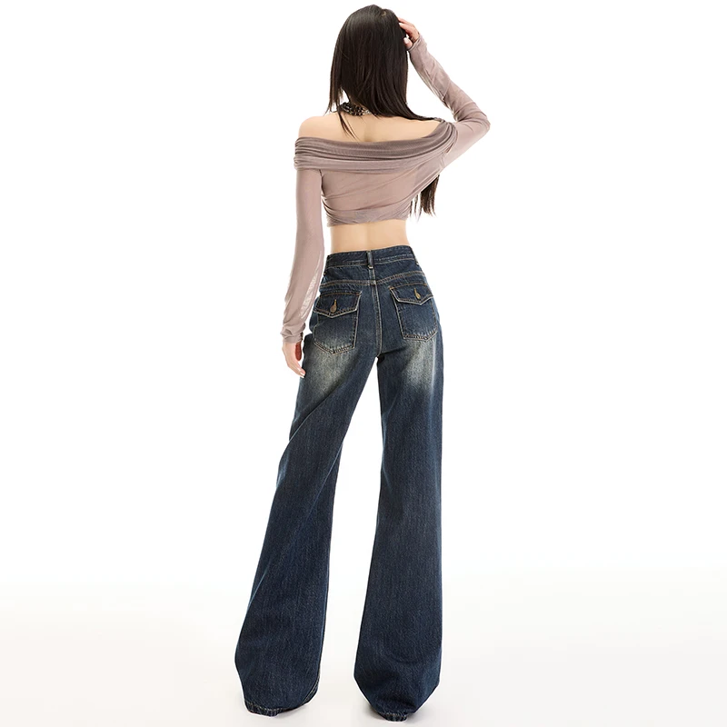 Y2K Vaqueros de pierna ancha retro americanos con cintura alta, corte holgado, piernas rectas ocultas, piernas anchas informales, modernos y versátiles