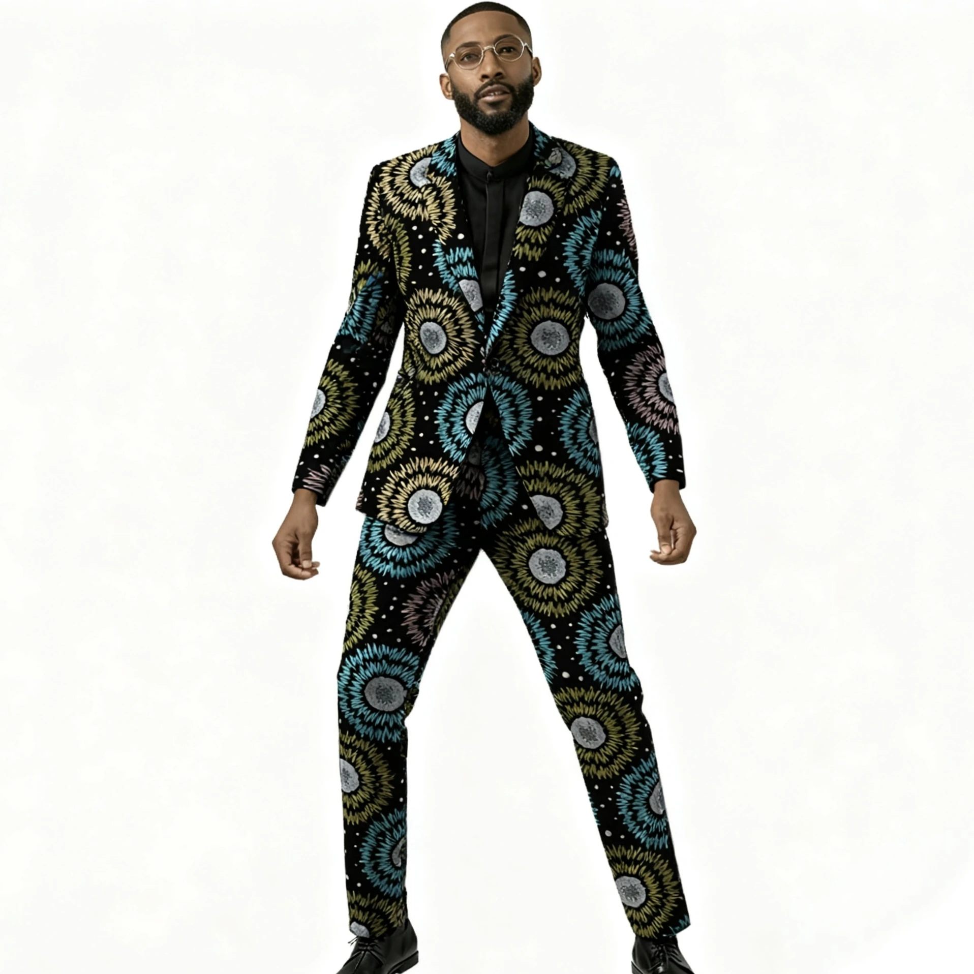 بدلة بيان كوتور الأفريقية للرجال مع نمط فني متعدد الألوان سترة وسراويل مميزة مجموعة ملابس رجالية عصرية عبر الحدود #1