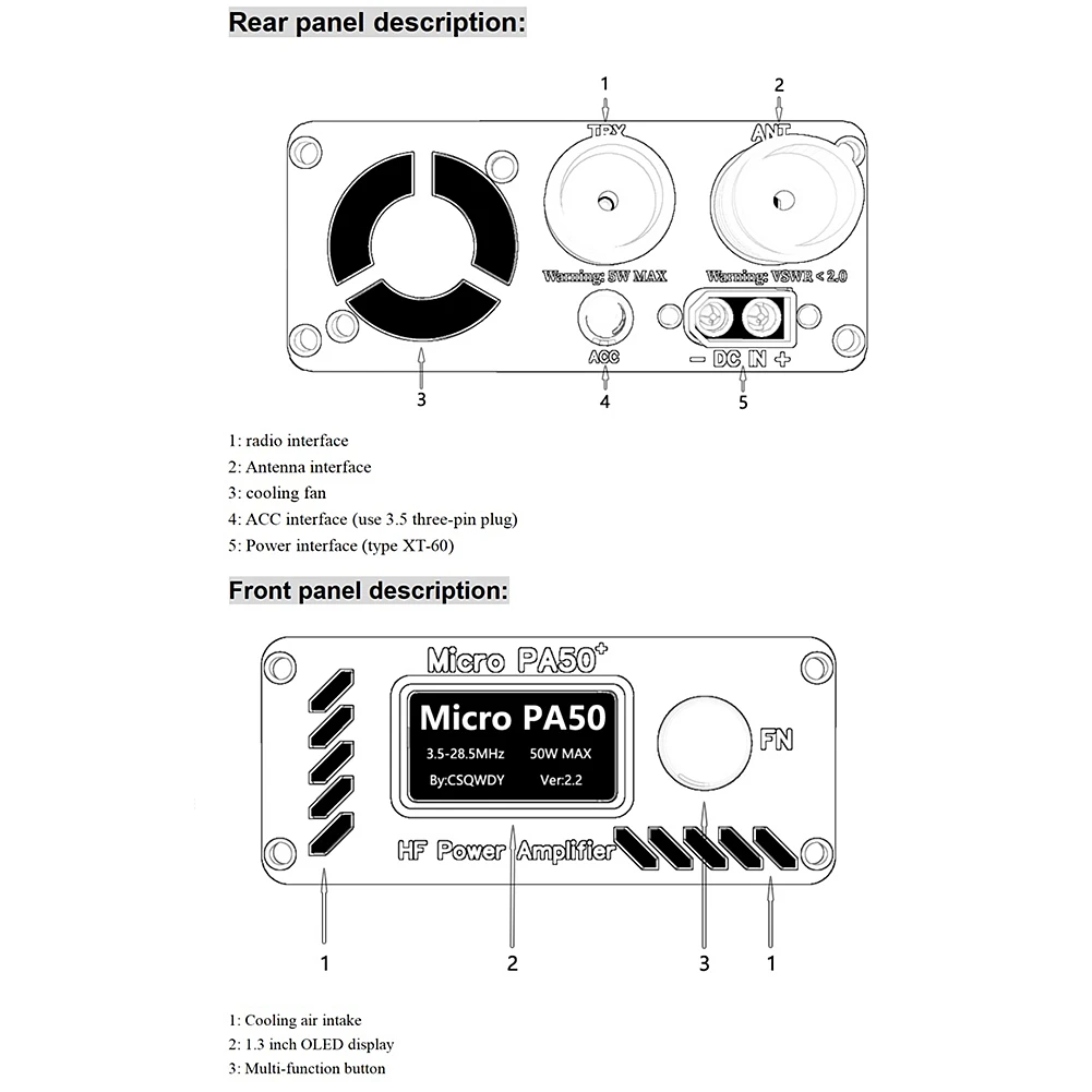 Amplificador de potencia HF de onda corta inteligente Micro PA50 PLUS 3,5 MHz-28,5 MHz con medidor de potencia/SWR + filtro LPF para Radio