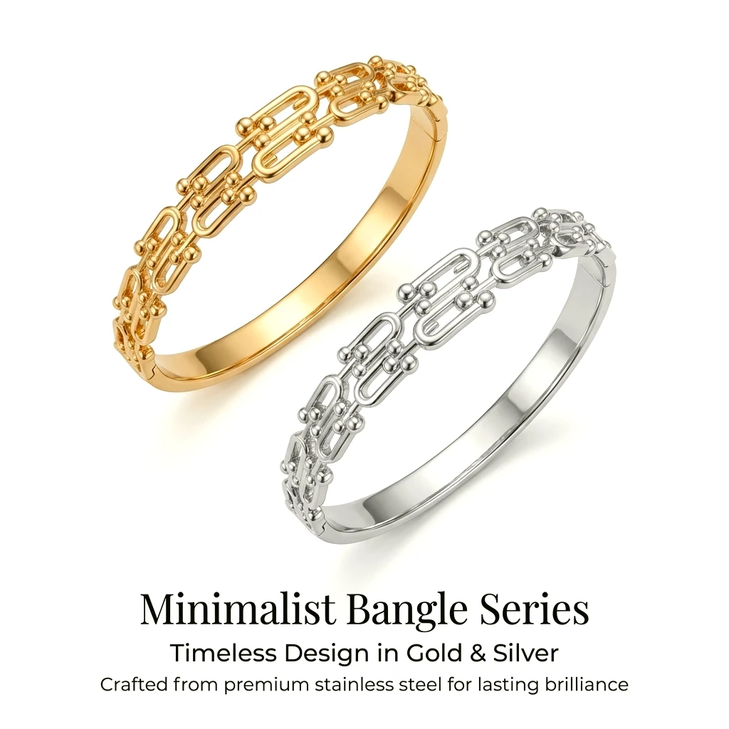 Elegant Gold Snap Bracelet, Stainless Steel Openwork Link Bangle, Luxe Feel Women Jewelry 60mm Inner Diameter