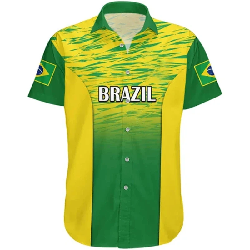 Braziliaanse Vlag 3d Bedrukte Shirts Voor Mannen Kleding Casual Braziliaanse Nationale Embleem Grafische Korte Mouw Hawaii Sport Revers Blouse