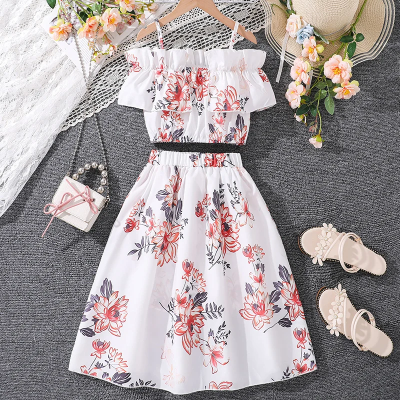 Kids Clothes Sets For Girls White Printed Halter Boat Neck Top & Skirt New Design Resort Style Beach Dress For 8-12 Ys Children