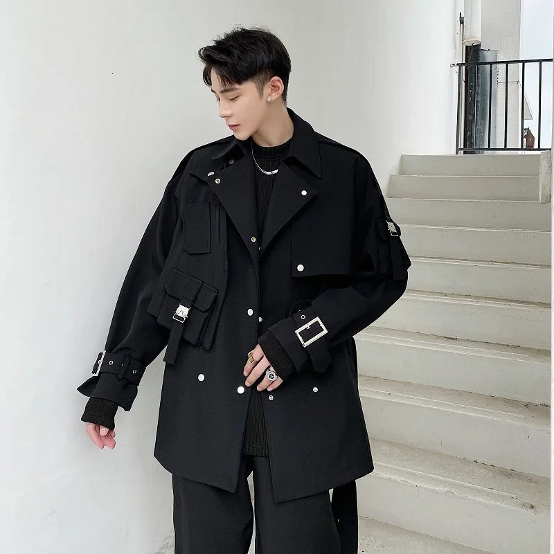 

Spring 2022 Autumn high quality mid length black windbreaker jackets for men loose handsome lace up cloth with belt 2Y4845