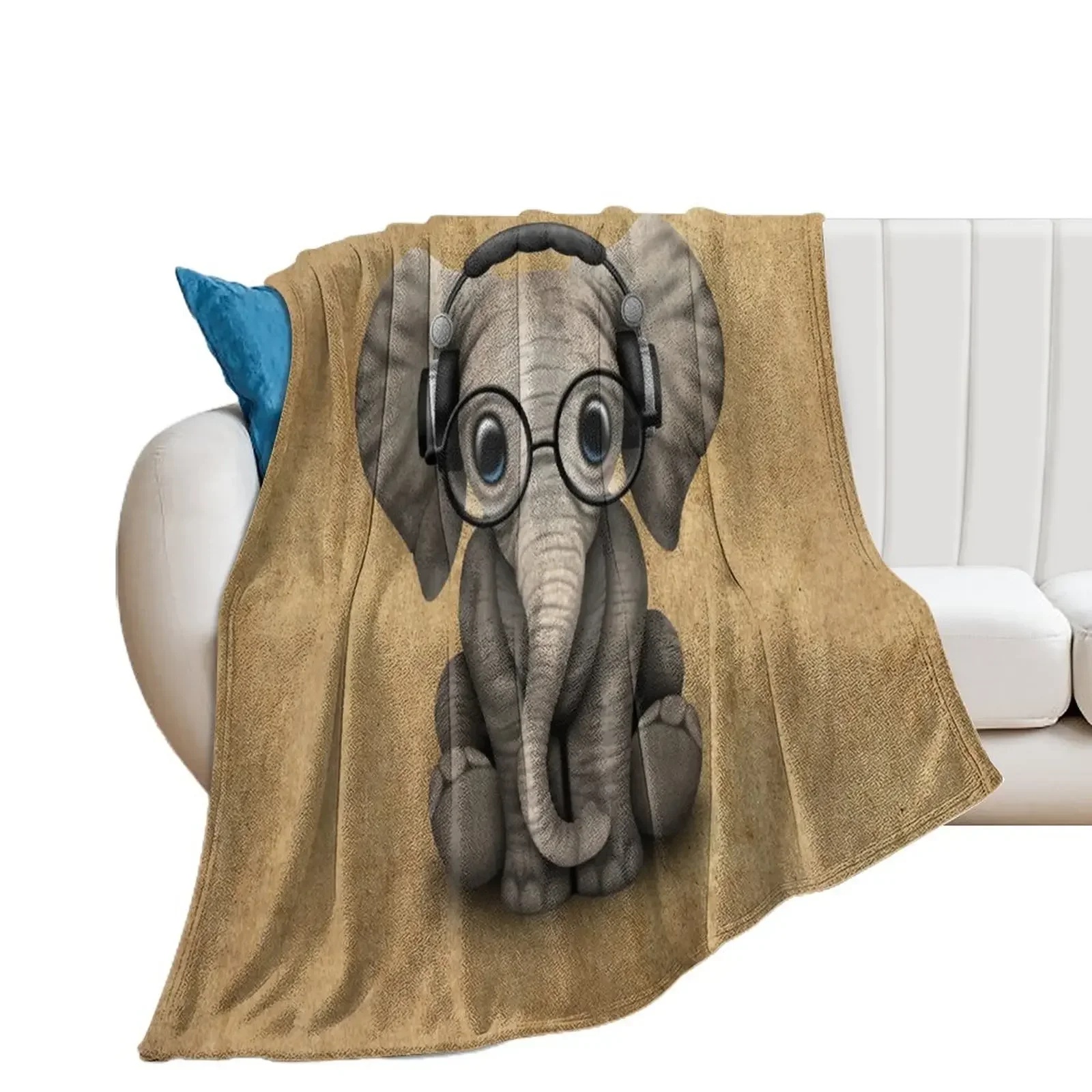 

Cute Baby Elephant Dj Wearing Headphones and Glasses Throw Blanket warm for winter Flannels Thin Bed Blankets