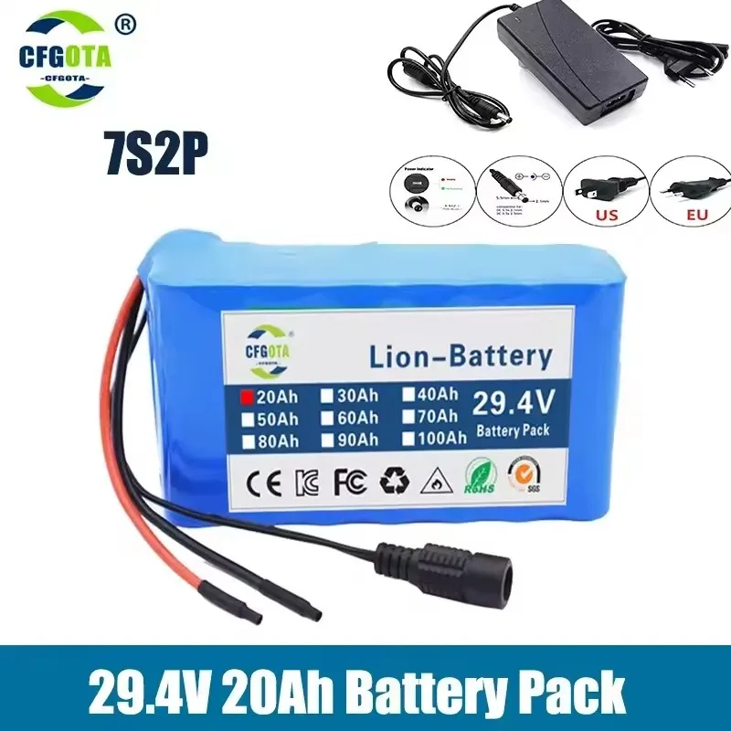 7S2P 24V/29.4V 20Ah 18650 Battery pack 29.4V 20000mAh Rechargeable Battery Mini Portable Charger For LED/Lamp/Camera with BMS