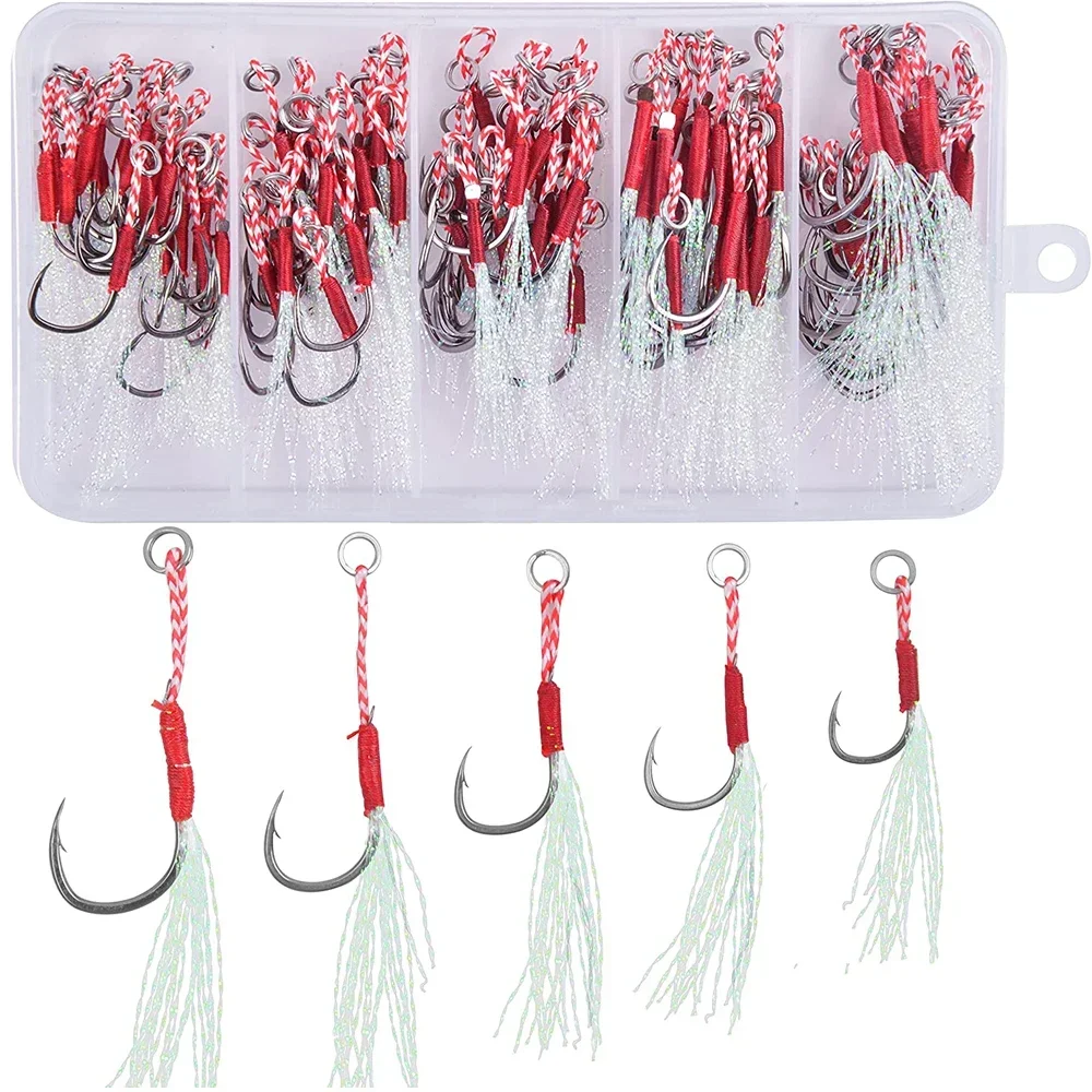 

100Pcs/box Cast Jig Assist Hook Slow Jigging lure Bass Fishing Hooks Barbed Hook Tying Up Fishhook With Feather sea fishing hook