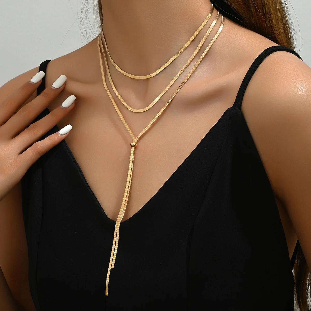 Women 3 Layered Flat Snake Chain Lariat Y Necklace Gold Silver Dainty Stackable Tassel Pendant Minimal Daily Statement Jewelry