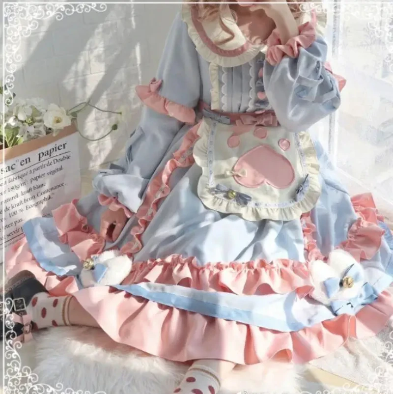 

MAGOGO Japanese Sweet Lolita OP Dress Women Cute Blue Pink Bow Ruffles Apron Long Sleeve Dresses Girls Tea Party Kawaii Dress