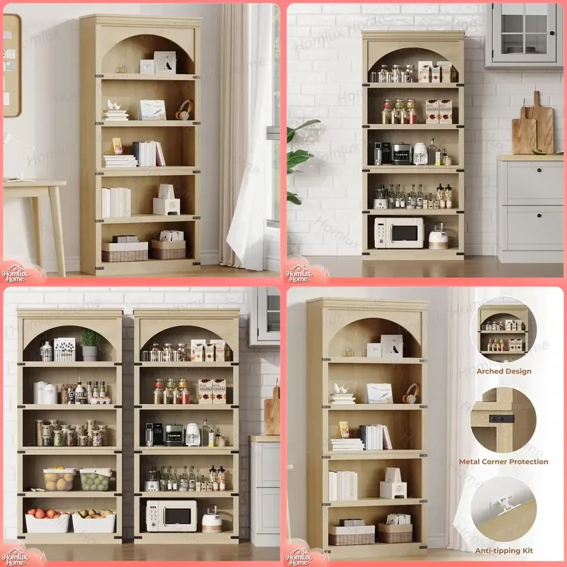 Arched Bookcase 5 Shelf Tall Bookshelf 68.7 Inch Farmhouse Style Curved Wooden Bookshelf for Living Room Bedroom Home Office