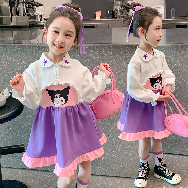 Sanrio Girls Dress Pleated Skirt Set Hello Kitty My Melody Kuromi Cartoon Round Neck Versatile Cute Knitted Dress Holiday Gift