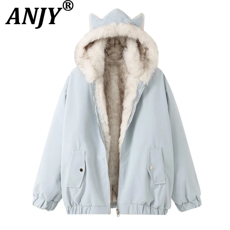 

ANJY Autumn Winter New Women Fashion Fleece-Lined Faux Fur Warm Hooded Padded Coat Trendy Office Lady Chic Elegant Jacket A15679